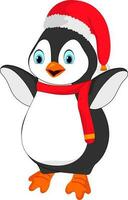 Cute penguin wearing santa hat standing in stylish pose. vector