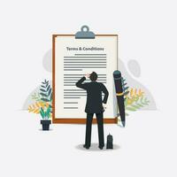 Businessman read and checking form terms and conditions vector illustration