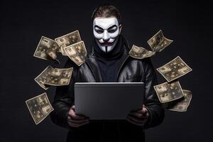 Portrait Photography of Hacker Man in Mask, Holding Laptop and Flying Ancient Paper Currency on Black Background. Technology. photo