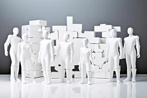 3D Rendering, Human Figures or Mannequins and White Puzzle Pieces on Floor. Created by Technology. photo