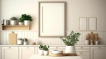 Modern Contemporary Beige Wall Kitchen, Minimalistic Design with Blank Photo Frames. Digital Illustration.