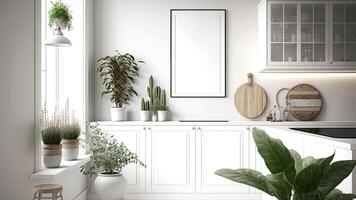 Modern Contemporary White Wall Kitchen, Minimalistic Design with Blank Photo Frame and Plant Pots. Digital Illustration.