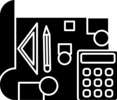 Blueprint With Calculator Icon In Black And White Color. vector