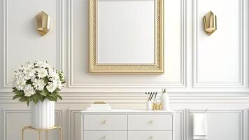 Closeup Renovated Interior Room with Golden Frame Mirror, Blossom Pot, Cabinet, Towel Hanger Against White Wall Paneling. . photo