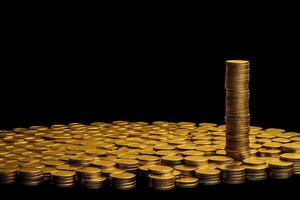 Piles of Golden Coins Stack Against Black Background. Wealth and Save Money Concept, Technology. photo