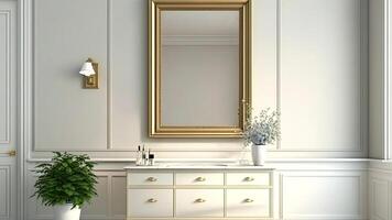 Rectangle Brass Mirror with a View to Front Wall Over Cabinet and Plant Pots in Interior Room. . photo