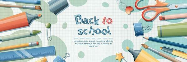 Back to school banner template. Background with stationery pencils, pen, brush, scissors, paper clips. School theme, knowledge day, study vector