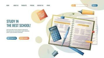Landing page template with school notebook, notes, calculator.Back to school landing page template. Concept web design, website page development. Isolated vector illustration. Modern background design