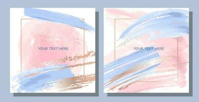 Set of vector abstract backgrounds in pink and blue colors. Delicate brush strokes with gold splashes and spots.