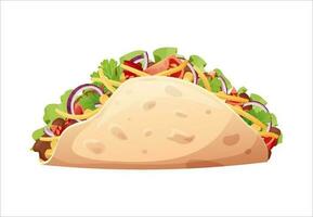 Tasty Mexican is on an isolated background.Traditional Mexican food Tortilla with filling. Corn cake with meat with tomatoes, cheese, salad, pepper, onion, guacamole sauce. vector