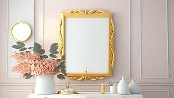 Golden Frame, Mirror Against Interior Wall Paneling and Plant Pot, Other Objects on Desk. . photo