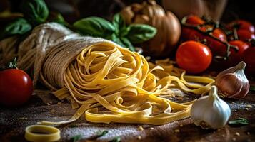 Italian Food Cooking Image of Fettuccine Dish Ingredients Arrangement on Rustic Table, Closeup View. . photo