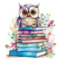 Watercolor Owl with books isolated. Illustration png