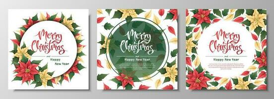 Postcard set with red and yellow poinsettia. Christmas and New Year background. Winter plants for decorating invitations, banners, flyers, etc. vector