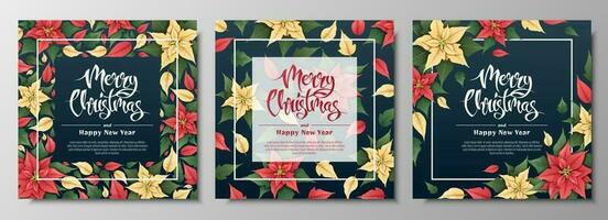 Postcard set with red and yellow poinsettia. Christmas and New Year background. Winter plants for decorating invitations, banners, flyers, etc. vector