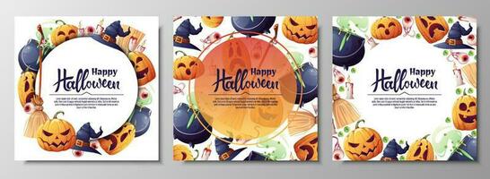 Set of vector backgrounds for Halloween invitation or greeting card. Pumpkins, witch s cauldron, broom hat. Great for flyer, banner, backdrop