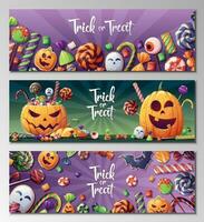 vector conjunto de Víspera de Todos los Santos pancartas o carteles con calabaza y horrible dulces, dulces, piruletas con Víspera de Todos los Santos estilo espiral patrones. truco o tratar