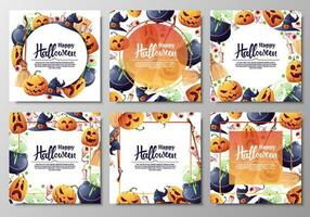 Set of vector backgrounds for Halloween invitation or greeting card. Pumpkins, witch s cauldron, broom hat. Great for flyer, banner, backdrop