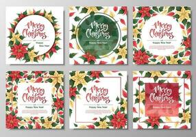 Postcard set with red and yellow poinsettia. Christmas and New Year background. Winter plants for decorating invitations, banners, flyers, etc. vector