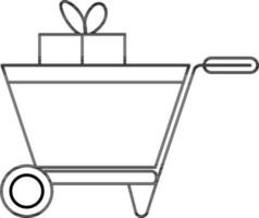 Shopping Cart With Gift Box Icon In Black Outline. vector