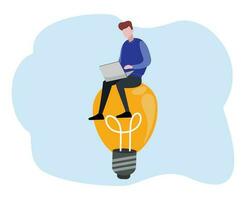 man sitting working using laptop over light bulb. idea concept at work vector