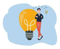 young man standing in front big bulb with idea concept vector