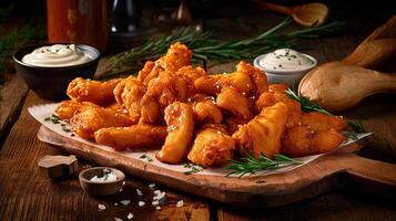 HIghlights Image of Crispy Buffalo Chicken Nuggets with Salad and Dipping Sauce on Wooden Table. . photo
