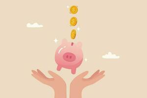 Frugality, savings for prosperity or financial success, building wealth or thrifty, budgeting or cut spending to save money for future concept, money dollar coins drop into hand holding piggy bank. vector