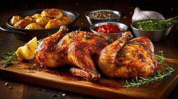 Mouthwatering Spicy Roasted Whole Chicken Served with Salad on Wooden Platter, Closeup Shots. . photo