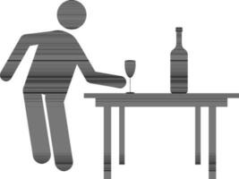 Glass with bottle on table and character of human. vector