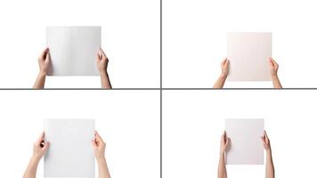 Photography of Human Hands Holding Blank Paper on White Background. Technology. photo