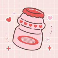 kawaii comida dibujos animados de sabor Leche beber. vector ilustración apagado rosado linda botella bebida con japonés garabatear estilo para niño producto, pegatina, camisa
