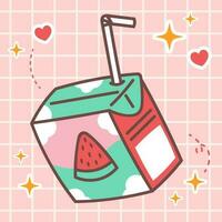 Kawaii food cartoon of watermelon juice box drink illustration. vector icon of cute japanese doodle style for kid product, sticker, shirt, wallpaper, card