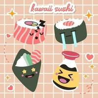 kawaii sushi and rolls vector in japan anime manga style with cute smiling face pink cheeks. Japanese traditional cuisine dishes in flat illustration