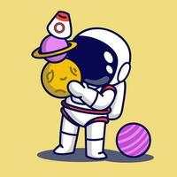 Cute astronaut with planet ball and rocket. Vector illustration in cartoon style