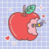 Kawaii food cartoon of red apple fruit vector icon of cute japanese doodle style for kid product, sticker, shirt on blue background flat illustration