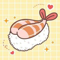 Kawaii food cartoon of ebi prawn sushi vector icon of cute japanese doodle style for kid product, sticker, shirt on yellow background flat illustration