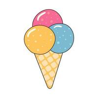 Melting ice cream balls in the waffle cone. Linear color vector illustration.