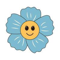 Retro groovy hand drawn daisy flower character. Linear color vector illustration.