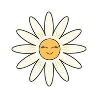 Retro groovy hand drawn daisy flower character. Linear color vector illustration.