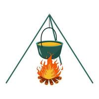 Pot on campfire. Campfire tripod. Cooking in a cauldron on flame. Hiking Food. vector