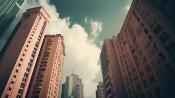 Bottom View of Futuristic Sky View Between High-Rise Buildings in the City and Business District, Generative AI Technology. photo