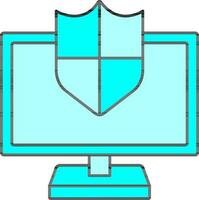 Desktop With Security Shield Icon In Cyan Color. vector