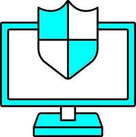 Desktop With Security Shield Icon In Cyan And White Color. vector