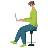 Side View of Young Man Wear Protective Mask with Using Laptop Sit on Stool. vector