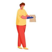 Young Man Wearing Medical Mask with Gloves and Hold Paper Bag in Walking Pose. vector