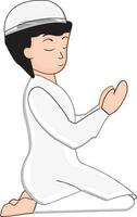 Cartoon character of muslim boy praying on knee. vector