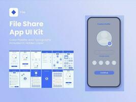 File Share App UI Kit and Different Screens Template on Blue Background. vector