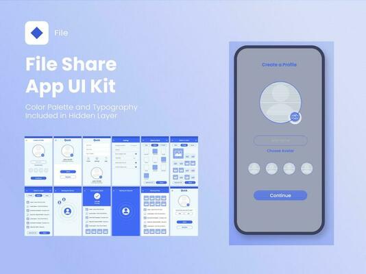 File Share App UI Kit and Different Screens Template on Blue Background.