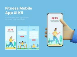 Fitness Mobile App UI Kit Including as Login, Sign up on Blue Background for Responsive Websites. vector